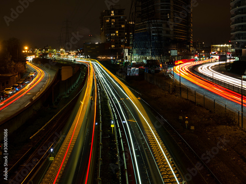 Photography Light trails and urban view in East India, London stock photo