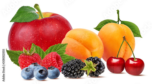 Collage of fresh fruits and berries isolated on white background with clipping path