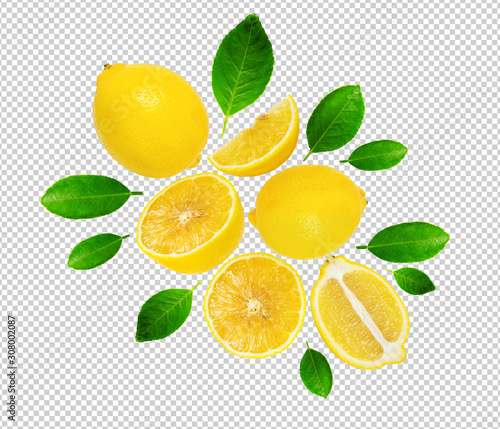 Minimal style creative layout made of lemon and leaves , half of lemon , slide, piece. flat lay. Fruit concept.isolated on transparent background