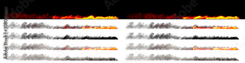Isolated burning line of fast moving transport rendered with white and black smoke on different backgrounds - speed concept, 3D illustration of objects