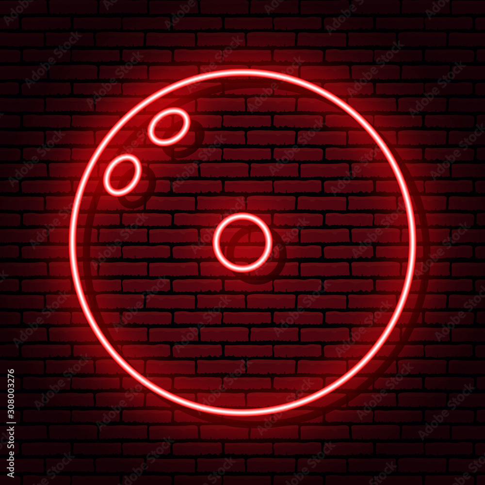 Sign of a bowling ball. Neon sign on a brick wall background. Red