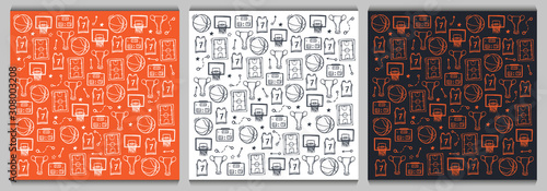Set of Basketball backgrounds with hand draw doodle elements.