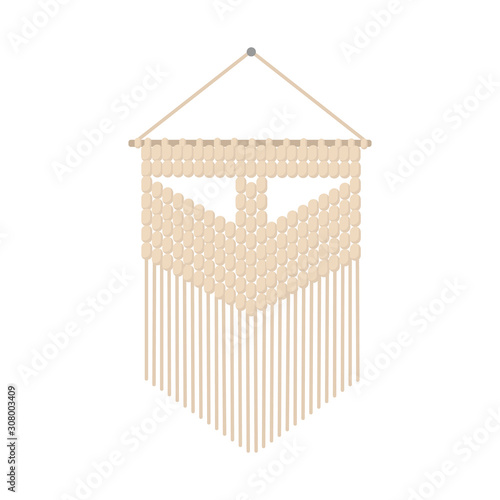 Macrame boho style label. Textile knotting design element. Trendy indigenous wall hanger