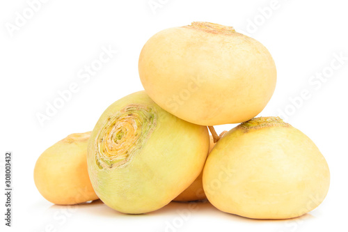 Fresh natural yellow turnip on a white isolated background close-up.