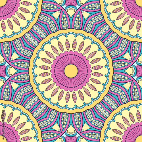 Decorative colorful ethnic seamless pattern for fabric or wrapping in oriental style. Hand drawn illustration