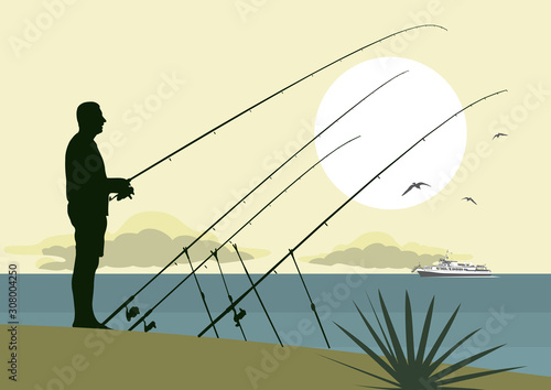 An elderly fisherman on the shore with a spinning rod. Fishing at sea. Mountains, seagulls, ship