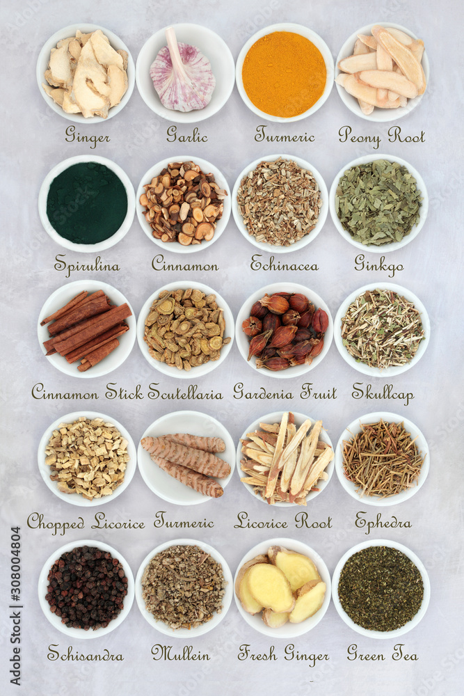 Asthma and respiratory relieving herbs, spice and supplement powders used in natural and chinese herbal medicine in porcelain bowls with titles. Flat lay. Asthma and respiratory relieving herbs, spice and supplement powders used in natural and chinese herbal medicine in porcelain bowls with titles. Flat lay.