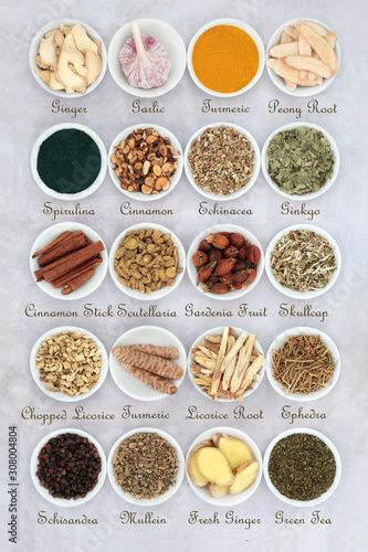 Asthma and respiratory relieving herbs, spice and supplement powders used in natural and chinese herbal medicine in porcelain bowls with titles. Flat lay.