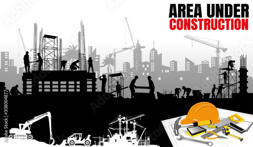 Construction vector background, Worker in a building site at sunset.	