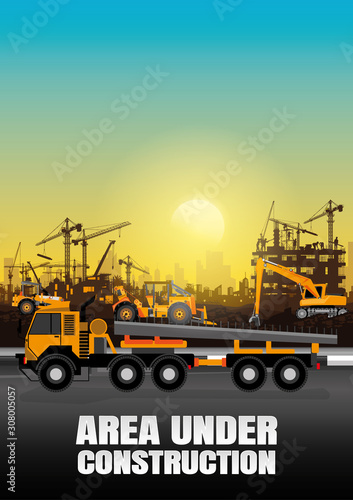 Construction vector background, Worker in a building site at sunset.	