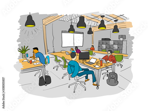 Concept of the coworking center. Business meeting. Shared working environment. People talking and working at the computers in the open space office. Sketch for your design