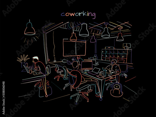 Concept of the coworking center. Business meeting. Shared working environment. People talking and working at the computers in the open space office. Sketch for your design