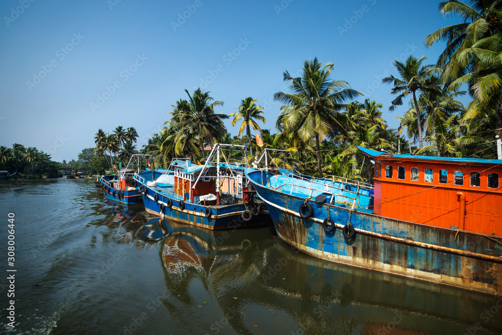 Obraz premium Row of ocean fishing boats from the back along the canal Kerala backwaters shore with palm trees between Alappuzha and Kollam, India
