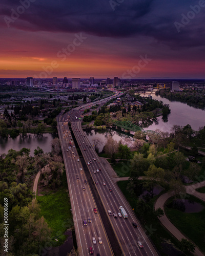 Aerial view of Sacramento highways and river