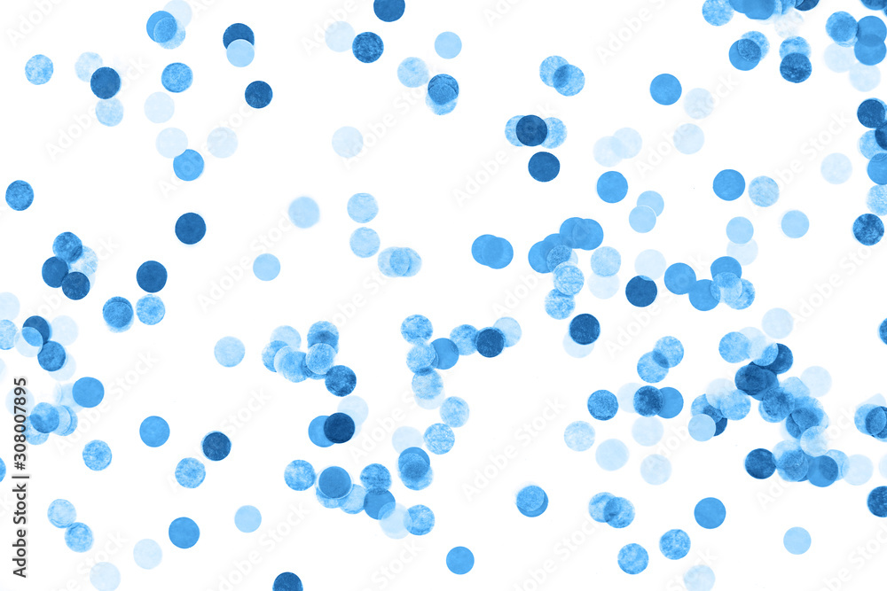 Bright blue confetti isolated on a white background. Festive concept. Children's party, birthday, wedding, celebration. Top view. Copy space. Bright blue confetti isolated on a white background. Festive concept. Children's party, birthday, wedding, celebration. Top view. Copy space.