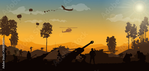Military vector illustration, Army background, soldiers silhouettes.	