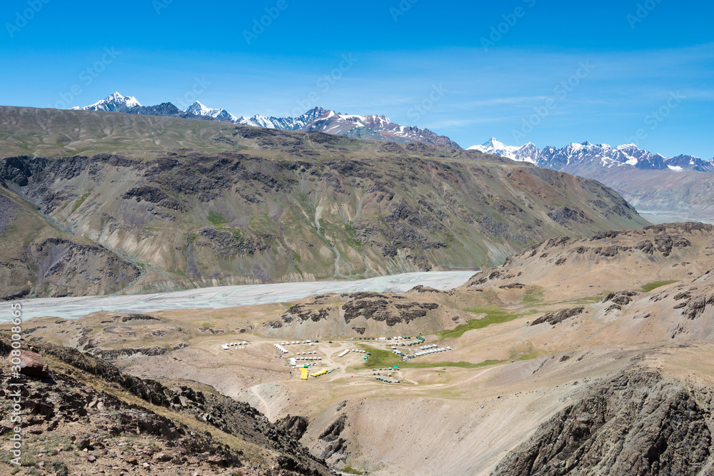 Himachal Pradesh, India - Sep 03 2019 - Beautiful scenic view of  Kunzum Pass (Kunzum La) - Chandra Taal (Moon Lake) Trekking course in Lahaul and Spiti, Himachal Pradesh, India.