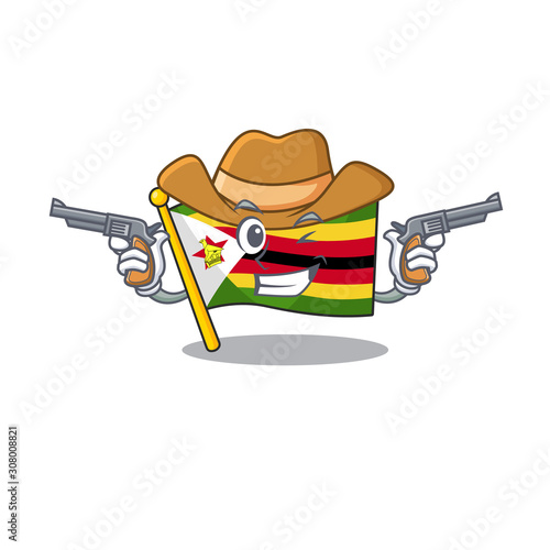 Flag zimbabwe cartoon character as a Cowboy holding guns