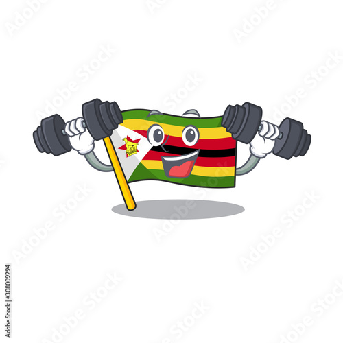 Fitness exercise flag zimbabwe cartoon character holding barbells