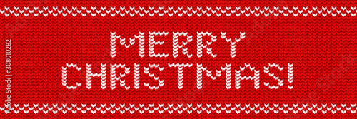 Vector realistic isolated knitted typography logo of Merry Christmas for template decoration and invitation covering on the red sweater background. Concept of Ugly Sweater Party and Happy New Year.
