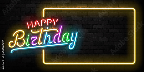 Vector realistic isolated neon sign of Happy Birthday frame logo for invitation decoration and template covering on the wall background. Concept of celebration and party.
