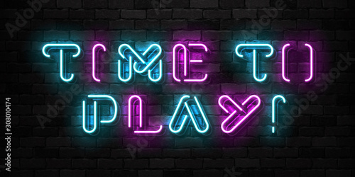 Vector realistic isolated neon sign of Time to Play typography logo for template decoration and covering on the wall background. Concept of gaming.
