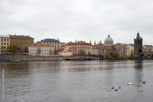  Cityscape of the Czech capital Prague and the Vltava river. View of Charles Bridge and Prague Castle on Christmas Eve.