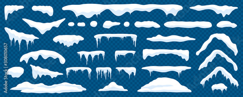 Tela Snow caps, snowy ice and frozen icicles, vector cartoon icons, isolated on transparent background