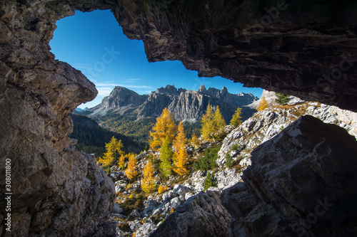 Landscape of beautiful autumn picturesque Cinque torri mountains