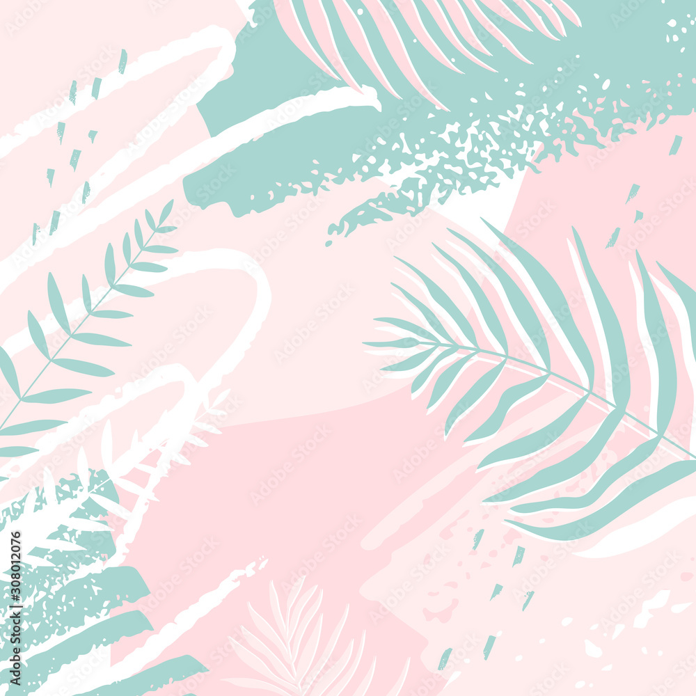 Abstract design with spots of paint and tropical monstera leaves and dypsis in pink and blue colors. Vector illustration.