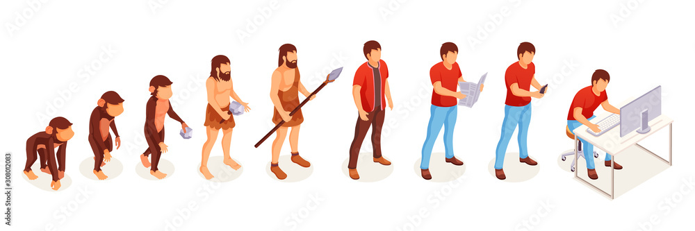 Human evolution of monkey to modern man at computer, vector icons. People  evolution and life change progress from apes and caveman to intelligent  mind and technology Stock Vector | Adobe Stock