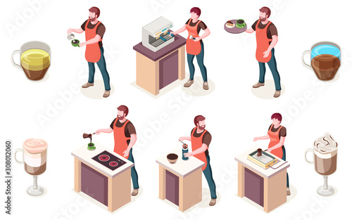 Barista and coffee house, isometric vector elements of cafe or coffeeshop. Man barista preparing coffee in machine, espresso, latte or cappuccino and americano drink, serving on tray