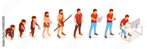 Human evolution of monkey to modern man at computer, vector icons. People evolution and life change progress from apes and caveman to intelligent mind and technology