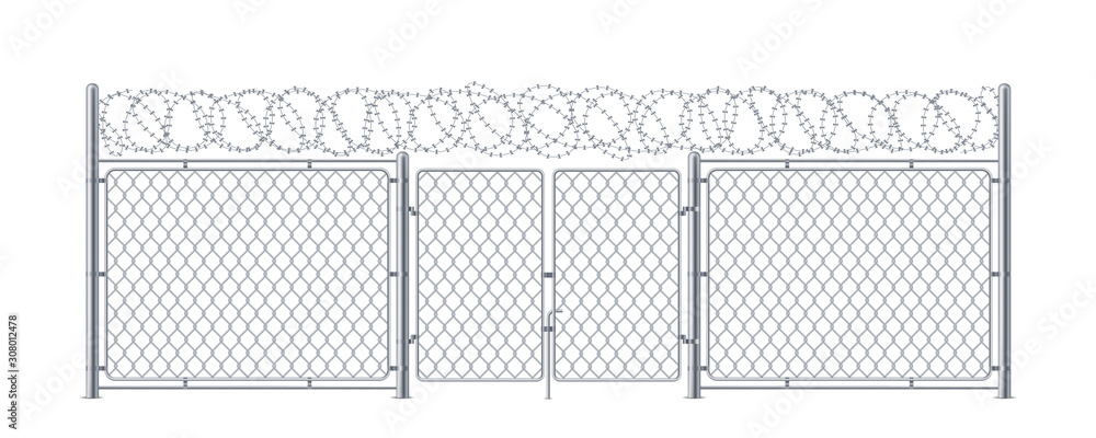 Metal fence with gate or chain link wall with wicket and barbed wire. Military or army construction for security with entrance. Protected enclosure with barbwire. Prison or police obstacle, boundary
