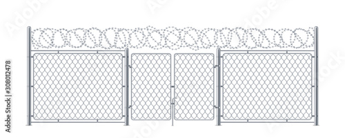 Metal fence with gate or chain link wall with wicket and barbed wire. Military or army construction for security with entrance. Protected enclosure with barbwire. Prison or police obstacle, boundary