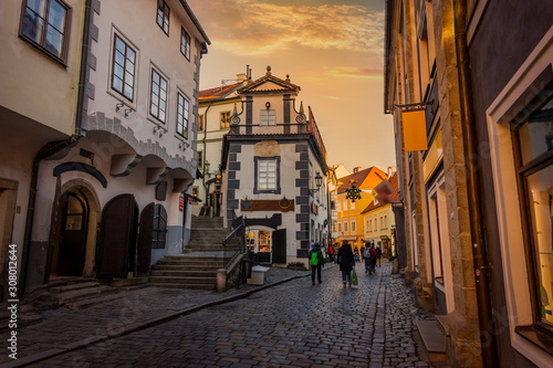 Fototapeta Naklejka Na Ścianę i Meble -  Street in the historical center of Cesky Krumlov on sunset. Czech republic.