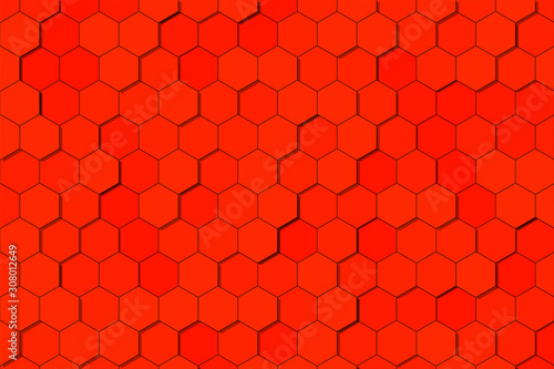 Honeycomb Grid tile random background or Hexagonal cell texture. in color Bright Red with dark or black shadow gradient. Tecnology concept.