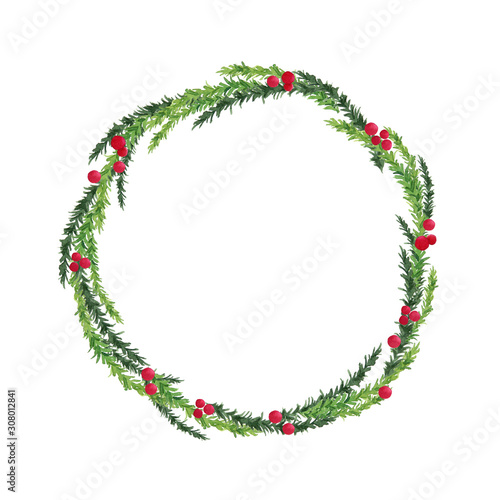 Merry Christmas wreath, red berries and green tree branches isolated on white background. watercolor hand painting illustration. Design for winter, Christmas, New year.