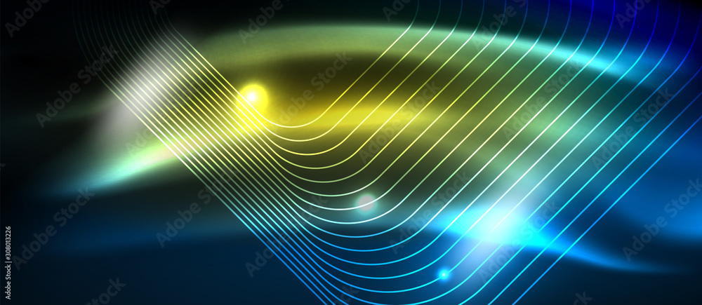 Neon glowing techno lines, hi-tech futuristic abstract background template with square shapes Neon glowing techno lines, hi-tech futuristic abstract background template with square shapes