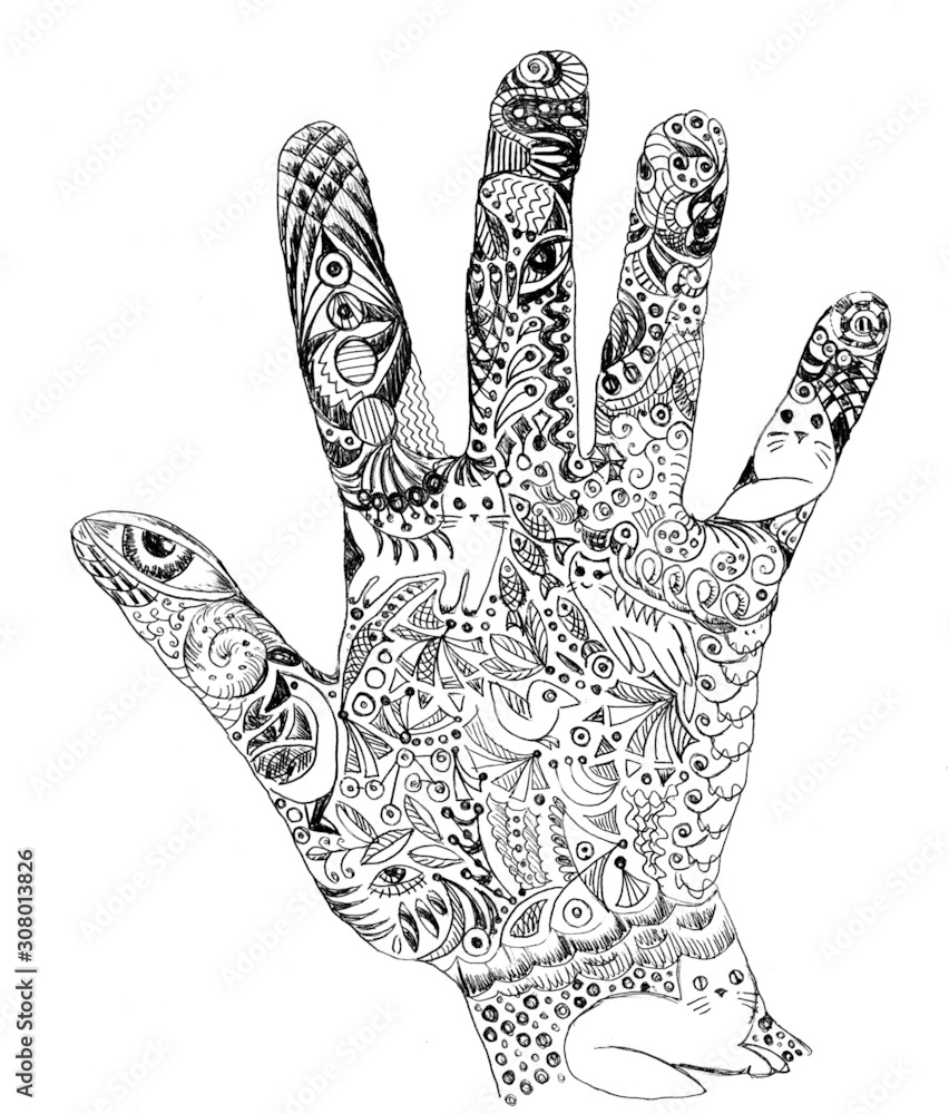 doodle black and white linear magic palm drawing doodle black and white linear magic palm drawing