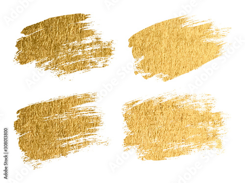 Gold paint smear stroke stain set. Abstract gold glitter texture art illustration. Vector illustration