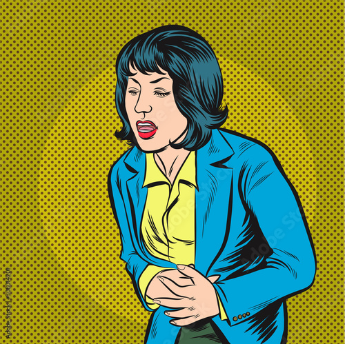 Business women are experiencing stomach ache. Pop art retro vector illustration vintage kitsch drawing