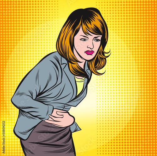 Business women are experiencing stomach ache. Pop art retro vector illustration vintage kitsch drawing