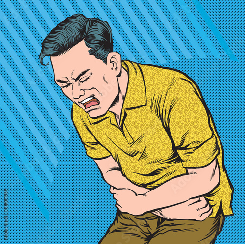 Men are suffering from a severe stomach ache.Pop art retro vector illustration vintage kitsch drawing