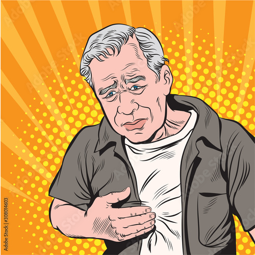 This man hurts his chest.Pop art retro vector illustration vintage kitsch drawing
