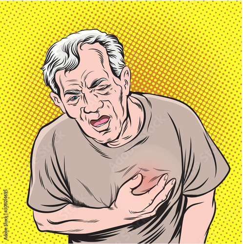 Old men with chest pain.Pop art retro vector illustration vintage kitsch drawing