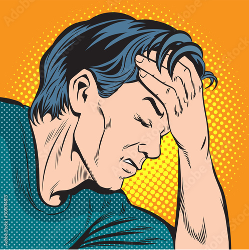 Men have a headache and fever.Pop art retro vector illustration vintage kitsch drawing