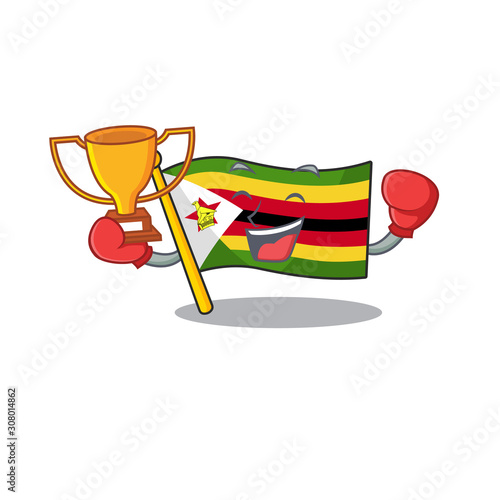 Super cool Boxing winner flag zimbabwe in mascot cartoon style