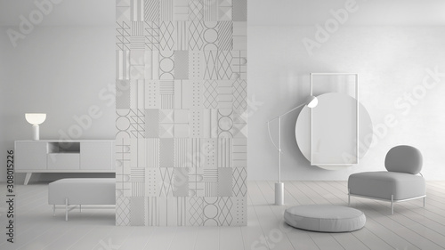 Εκτύπωση καμβά Total white project draft, modern minimalist abstract living room with decorated