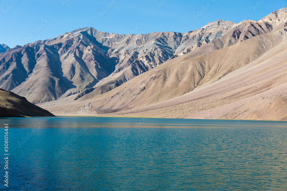 Himachal Pradesh, India - Sep 03 2019 - Chandra Taal (Moon Lake) in Lahaul and Spiti, Himachal Pradesh, India. It is part of Ramsar Convention - Chandertal Wetland. Himachal Pradesh, India - Sep 03 2019 - Chandra Taal (Moon Lake) in Lahaul and Spiti, Himachal Pradesh, India. It is part of Ramsar Convention - Chandertal Wetland.
